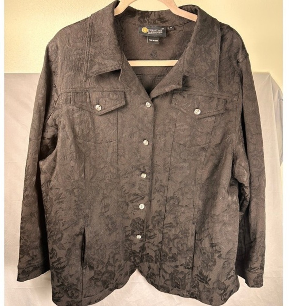 Christine Alexander 1X Black Jacquard Floral Button-Down Jacket Rhinestone